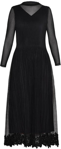 Plisse Lace-Trim Stretch Midi Dress, Black