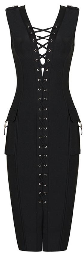 Lace-up Sleeveless Knee-Length Bodycon Dress, Black - DESIGNER INSPIRED FASHIONS