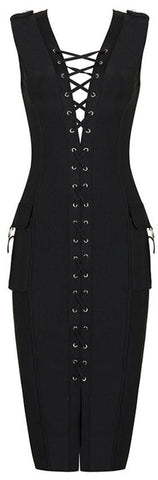Lace-up Sleeveless Knee-Length Bodycon Dress, Black - DESIGNER INSPIRED FASHIONS