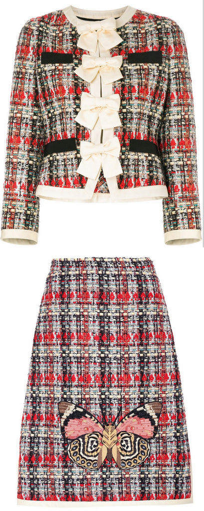 Plaid Tweed Jacket & Butterfly-Embroidered Tweed Skirt Set