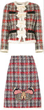 Plaid Tweed Jacket & Butterfly-Embroidered Tweed Skirt Set