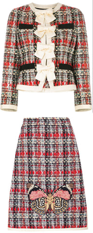 Plaid Tweed Jacket & Butterfly-Embroidered Tweed Skirt Set