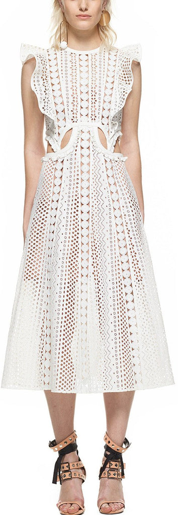 Embroidered Cutout Midi Dress, White - DESIGNER INSPIRED FASHIONS