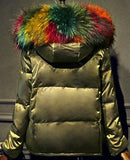 Rainbow Fur-Hooded Puffer Jacket - Champagne, Black, Blue or White