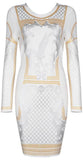 Foil-Printed Long-Sleeve White Bandage Mini Dress