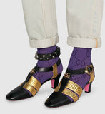 Leather Mid-Heel T-Strap Sandal - Black and Gold