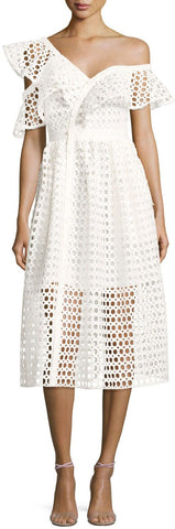Lace Frill Asymmetric Cold-Shoulder Midi Dress, White - DESIGNER INSPIRED FASHIONS