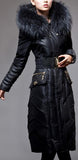 Belted Black Fur-Hooded Feather Down fill Coat