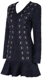 Black Lace-Up Tweed Skater Mini Dress