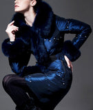 Blue Fur-Trim Crystal-Studded Puffer Coat