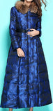 Long Blue Down-Fill Coat with Fur Collar
