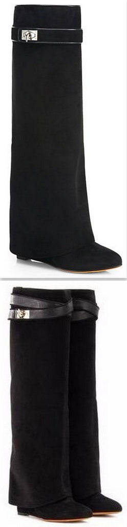 'Shark Lock' Wedge Knee Suede Boots in Black - DESIGNER INSPIRED FASHIONS