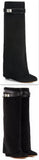 'Shark Lock' Wedge Knee Suede Boots in Black - DESIGNER INSPIRED FASHIONS