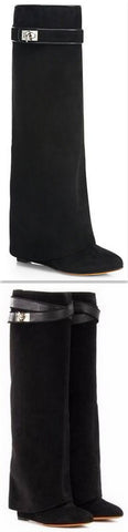 'Shark Lock' Wedge Knee Suede Boots in Black - DESIGNER INSPIRED FASHIONS