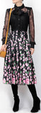 Black Lace and Floral Pleated Midi Dress