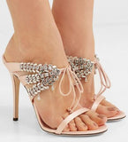 Satin Mule Sandals with Crystals - Nude, Fuchsia Pink, Black or Light Blue