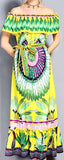 Off-the-Shoulder Feather Print Midi Dress in Yellow