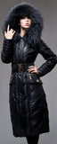 Belted Black Fur-Hooded Feather Down fill Coat