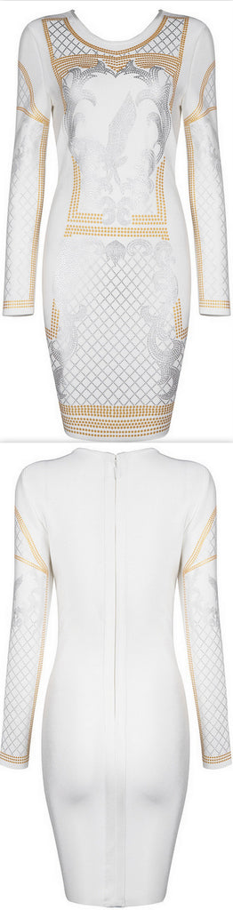 Foil-Printed Long-Sleeve White Bandage Mini Dress