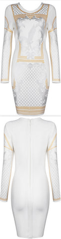 Foil-Printed Long-Sleeve White Bandage Mini Dress