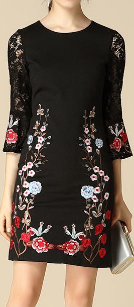 Floral-Embroidered Lace-Sleeve Mini Dress