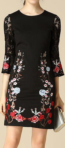 Floral-Embroidered Lace-Sleeve Mini Dress