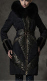 Belted Metallic-Lace-Paneled Puffer Coat with Fox Fur Trim