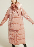 Crushed Velvet Down Coat with Scarf