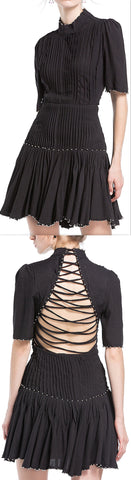 Black Studded Pleated Back-Lace-Up Mini Dress