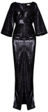 Ruched V-Neck Sequin-Embellished Gown, Black