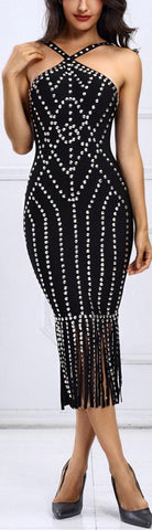 Studded Tassel Halter Bandage Dress