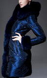 Blue Fur-Trim Crystal-Studded Puffer Coat