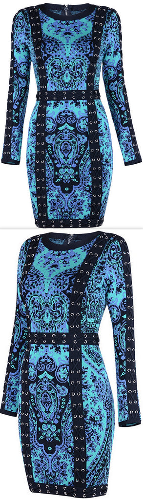 Blue Paisley Lace-Up Stretch Mini Dress