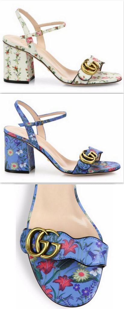 GG Marmont Floral Print Leather Sandals - White or Blue