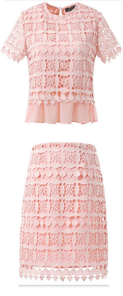 Macrame Frill-Hem Top & Skirt Set, Pink - DESIGNER INSPIRED FASHIONS