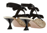 Glitter and Bow-Embellished Point-Toe Mules - Silver or Gold
