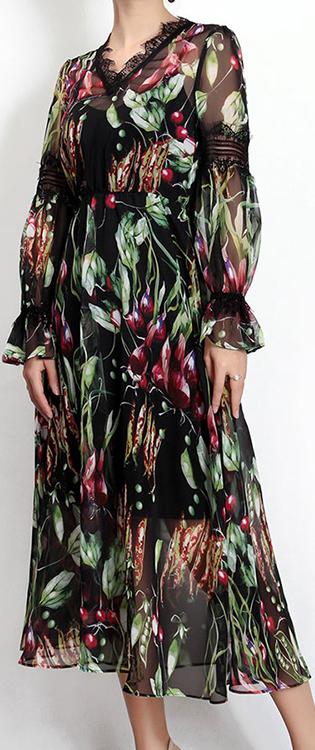 Black Vegetable-Printed Chiffon Midi Dress