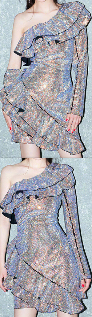 Ruffled Embellished One-Sleeve Cocktail Dress