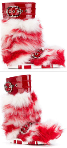 Patent Leather Buckled Fur Boots, Red & White