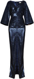 Ruched V-Neck Sequin-Embellished Gown, Dark Blue