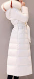 Striped-Fur-Hooded Long Puffer Coat,  White