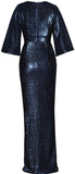Ruched V-Neck Sequin-Embellished Gown, Dark Blue