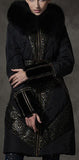 Belted Metallic-Lace-Paneled Puffer Coat with Fox Fur Trim