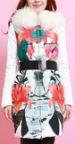 Fur-Hooded Floral Printed Belted Puffer Down Coat - DESIGNER INSPIRED FASHIONS