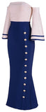 Color-Contrast Button-Embellished Off-the-Shoulder Stretch Midi Dress