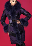Chevron-Metallic-Paneled Fur-Trim Puffer Coat