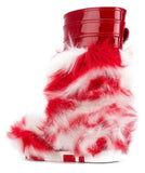 Patent Leather Buckled Fur Boots, Red & White