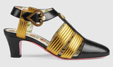 Leather Mid-Heel T-Strap Sandal - Black and Gold