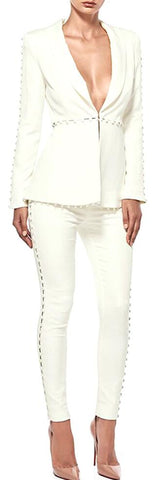 Button-Embellished Stretch Jacket & Pant Set