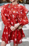 Red Star Print Ruffle Chiffon Dress